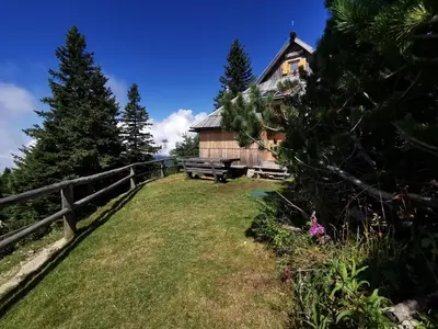 a wooden house with a fence and a yard at Chalet Košutnik Velika planina in Kamniška Bistrica