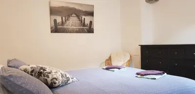 a bedroom with a bed and a picture on the wall at Thirsty River Apartments in Bovec