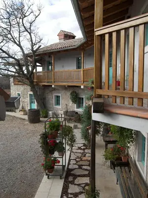 a house with a deck and a porch with potted plants at Apartments Valentinus 1800 in Sežana