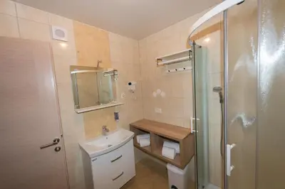 a bathroom with a toilet and a sink and a shower at Guest House Goršič in Grosuplje