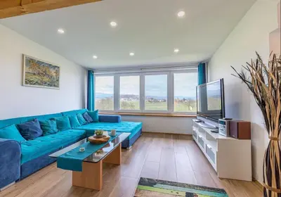 a living room with a blue couch and a tv at Holiday Residence Ana in Boršt