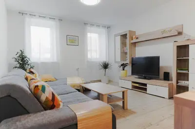 a living room with a couch and a tv at Pri Neji in Postojna