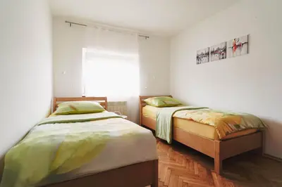 two twin beds in a room with a window at Pri Neji in Postojna