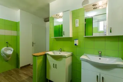 a green bathroom with two sinks and a urinal at Yapka Rooms in Tolmin