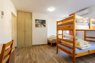 a bunk bed room with two bunk beds and a ladder at Yapka Rooms in Tolmin