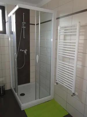 a shower in a bathroom with a green rug at Apartma Jezero in Most na Soči
