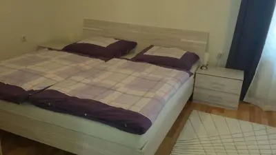 a bedroom with a large bed with a wooden headboard at Apartma Rodica in Domžale