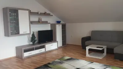a living room with a couch and a television at Apartma Rodica in Domžale