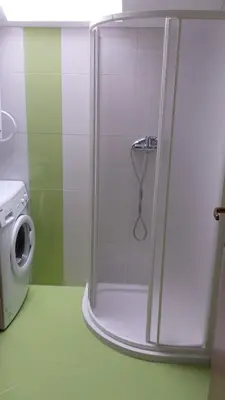 a shower in a bathroom with a green floor at Apartma Rodica in Domžale