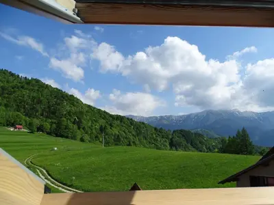 a view of a green field with mountains in the background at Apartmaji Pr-Gujlu Sela nad Podmelcem 5220 TOLMIN in Podmelec