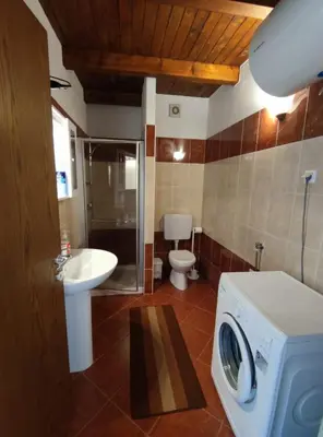 a bathroom with a washing machine and a sink at Apartments Vila Bovec in Bovec