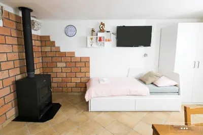 a room with a bed and a stove at Amber STUDIO in Kobarid