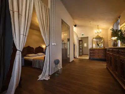 a bedroom with a canopy bed and a mirror at HOTEL StDaniel in Štanjel
