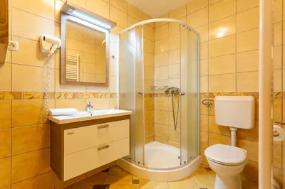 a bathroom with a shower and a toilet and a sink at Guest House Hober in Prevalje