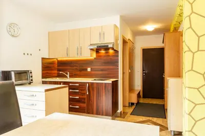 a kitchen with wooden cabinets and a counter top at Guest House Hober in Prevalje