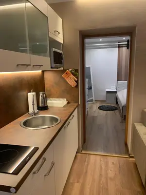a kitchen with a sink and a room with a bed at Apartma Eli in Bled
