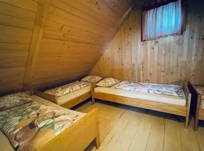 a room with three beds in a wooden cabin at Velika Planina Koča Kekec in Stahovica