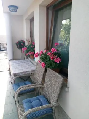 a balcony with chairs and a table and flowers at Dolenjska vila with Private Sauna in Žužemberk