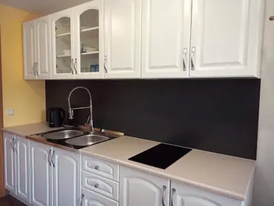 a kitchen with white cabinets and a sink at Dolenjska vila with Private Sauna in Žužemberk