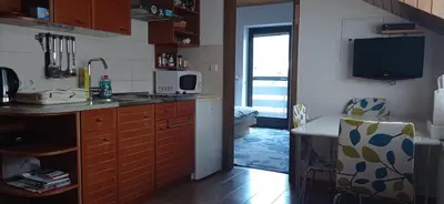 a kitchen with a sink and a microwave at Apartments Kapus Center in Bled