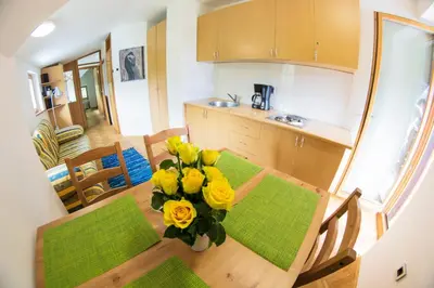 a kitchen with a table with yellow flowers on it at A Million Dollar View in Kranjska Gora