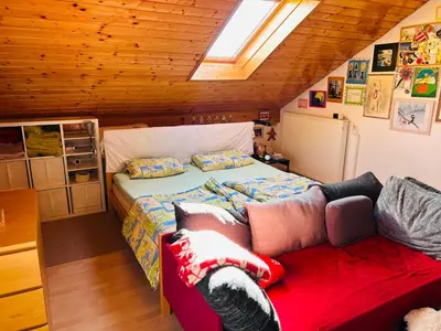 a bedroom with a bed and a couch at House for nature lovers in Medvode