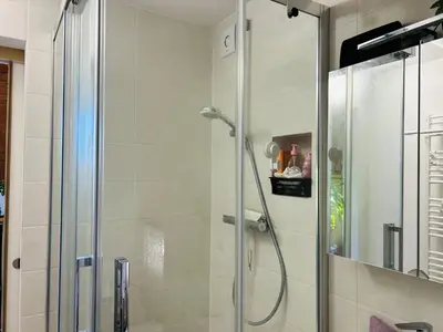 a shower with a glass door in a bathroom at House for nature lovers in Medvode