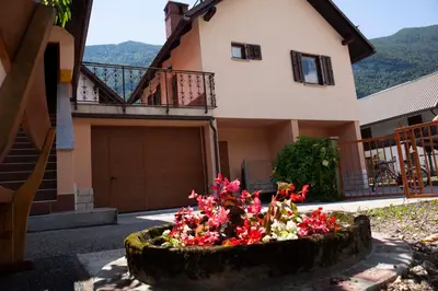 a large flower pot in front of a house at Apartma Lesjak 1 in Bovec
