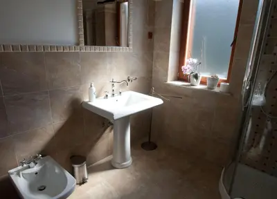 a bathroom with a sink and a shower at Turistična kmetija Weiss in Miklavž pri Taboru