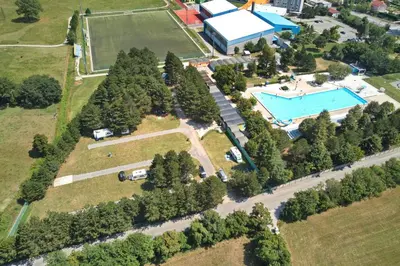 an aerial view of a park with a pool at Apartma Kamp Ajdovščina in Ajdovščina