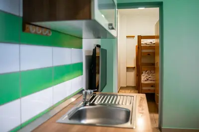 a kitchen with a stainless steel sink and green walls at Apartma Kamp Ajdovščina in Ajdovščina