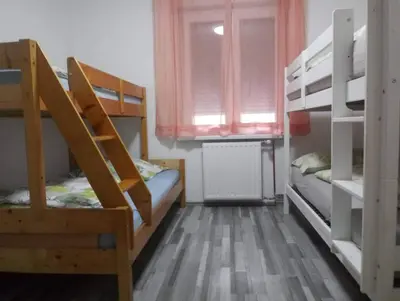 a room with two bunk beds and a window at Apartma Trebušca in Dolenja Trebuša