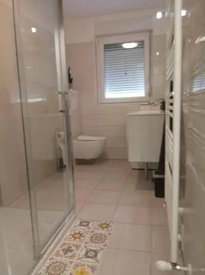 a bathroom with a shower and a toilet and a sink at Apartma Trebušca in Dolenja Trebuša