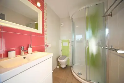 a bathroom with a shower and a sink and a toilet at Apartments Planica in Kranjska Gora
