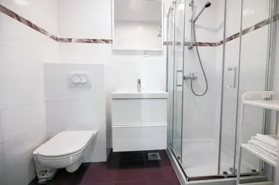 a white bathroom with a shower and a toilet at Sobe Meta in Brezje