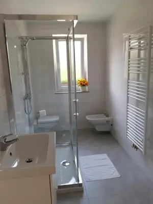 a white bathroom with a shower and a sink at Sobe Meta in Brezje