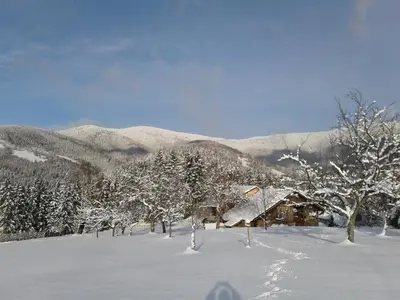 a snow covered cabin with trees and mountains in the background at Razborca in Mislinja