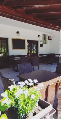 a living room with a table and chairs and a tv at Gostišče Hedvika in Kal-Koritnica