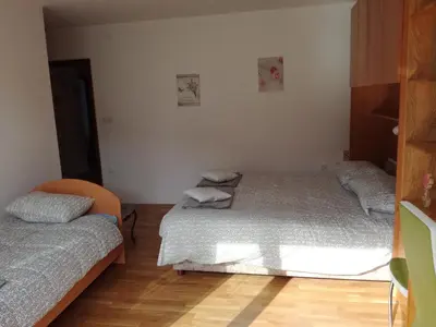a room with three beds in a room at Pri Mlinarju in Tolmin