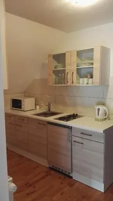 a kitchen with a sink and a microwave at Apartments Bernarda in Bled