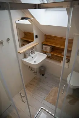 a small bathroom with a sink and a shower at ALPEART BOHINJ HOLIDAY units in Bohinj