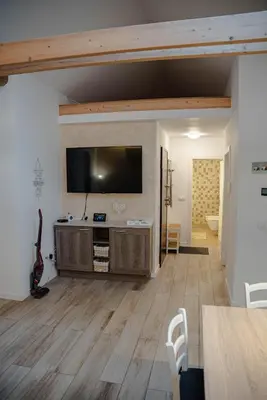 a living room with a flat screen tv on a wall at ALPEART BOHINJ HOLIDAY units in Bohinj
