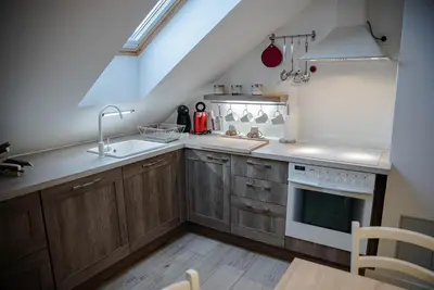 a kitchen with wooden cabinets and a sink and a stove at ALPEART BOHINJ HOLIDAY units in Bohinj