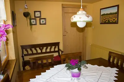 a dining room table with a vase of flowers on it at Apartma Obrh in Smarjeske Toplice