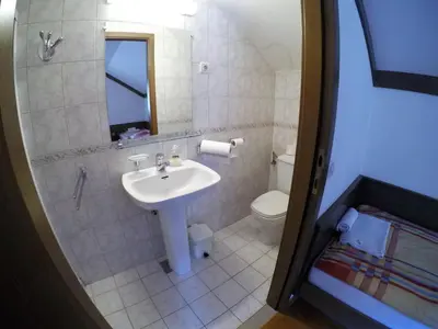a bathroom with a sink and a toilet at Karami Mountainhouse in Tržič