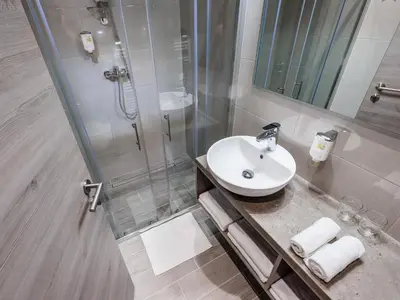 a bathroom with a sink and a shower at Hotel Center Novo Mesto in Novo Mesto