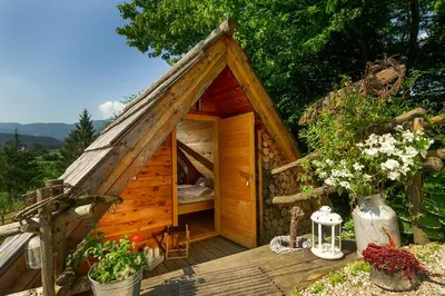a small wooden cabin with a bed in it at Glamping Savinja in Ljubno