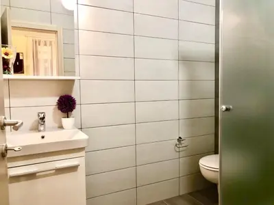 a bathroom with a toilet and a sink at Apartments Maria in Ljubljana