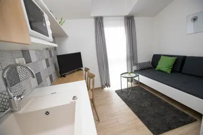 a living room with a couch and a tv at Apartma Grže in Postojna