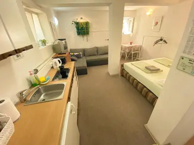 a kitchen with a sink and a room with a bed at Family Guesthouse GreenSLO in Ljubljana